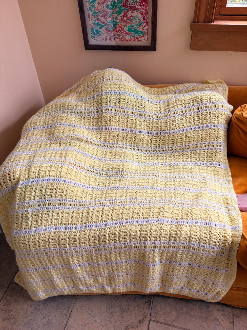 Handcrafted Unique Sunny Yellow and White Baby Heavy Afghan Blanket Throw